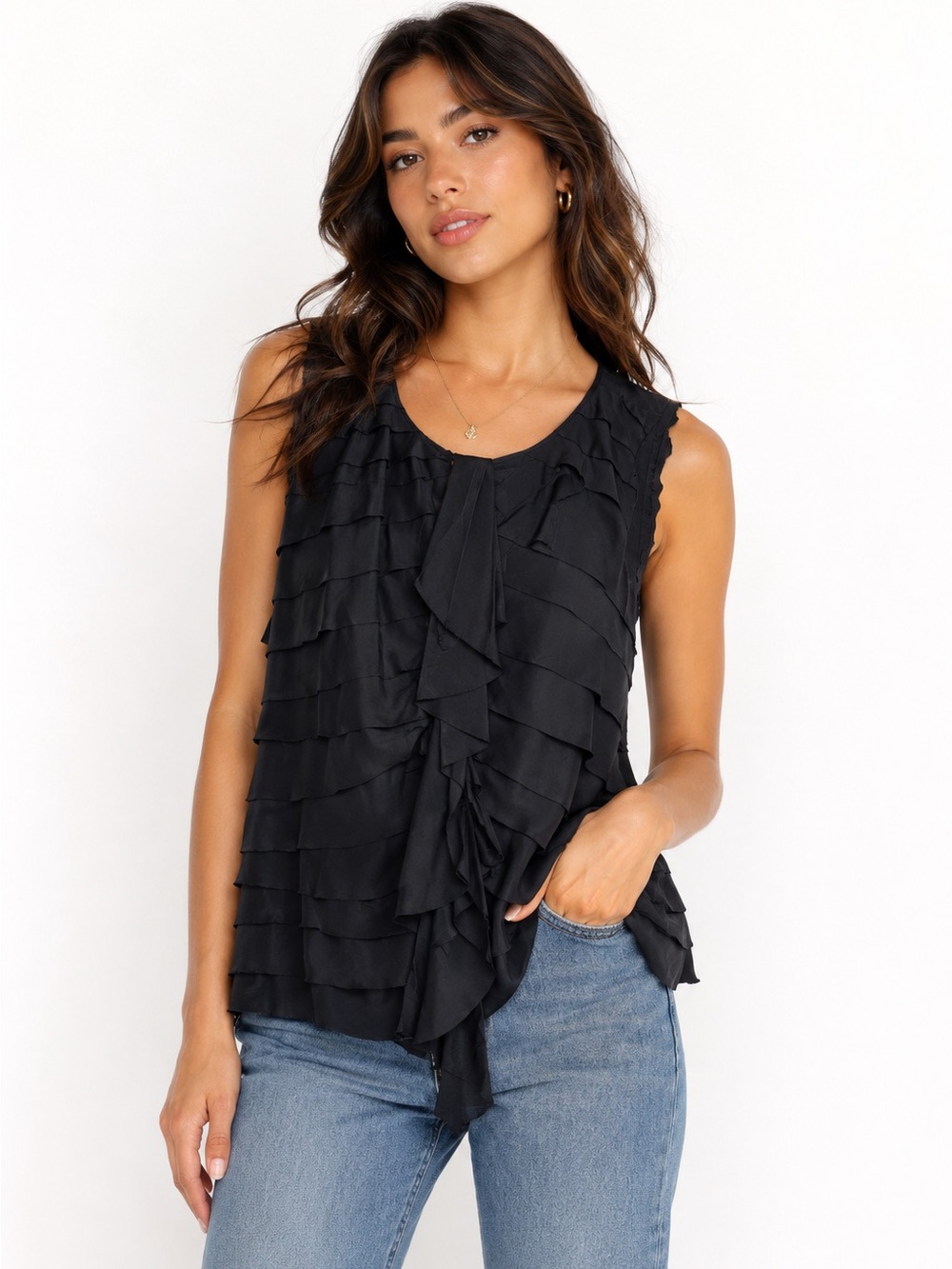Tory Burch Black 100% Silk Layered Blouse Size 6 Quiet Luxury